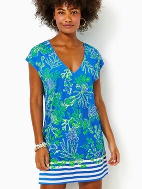 Lilly Pulitzer Talli V neck cover up dress in a blue coastal print stripes sz L